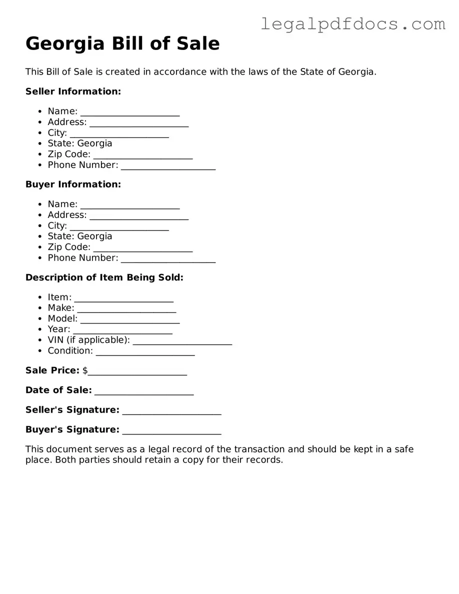 Official  Bill of Sale Form for Georgia
