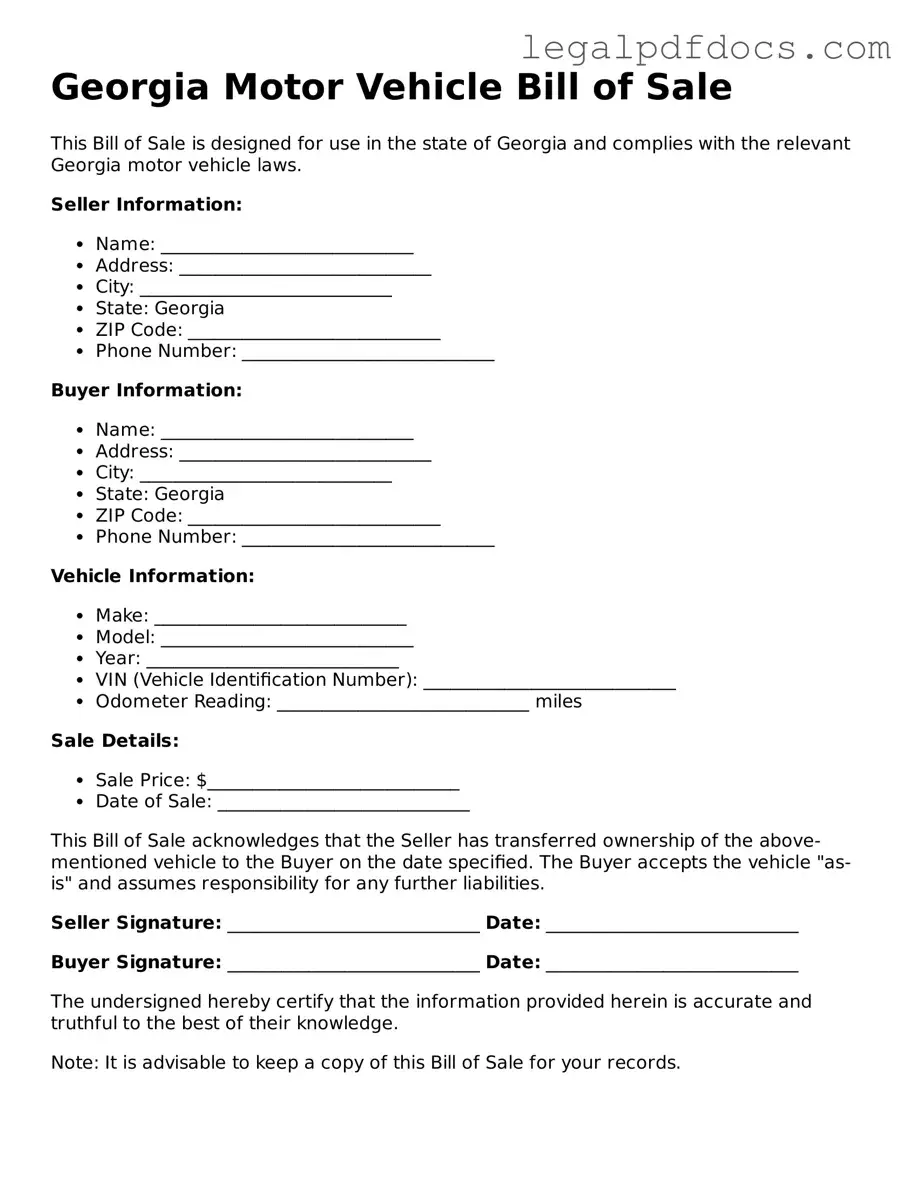 Official  Motor Vehicle Bill of Sale Form for Georgia