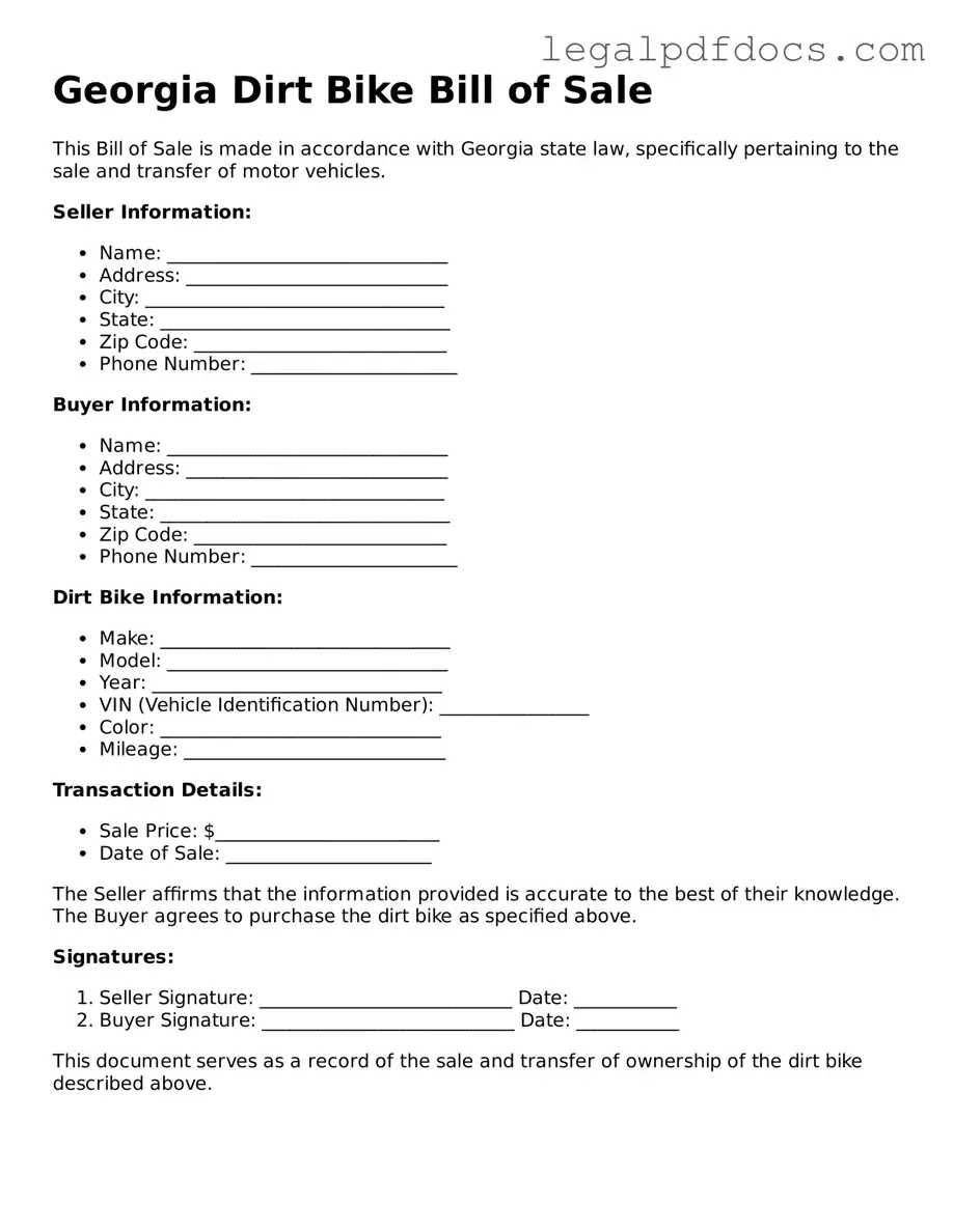 Official  Dirt Bike Bill of Sale Form for Georgia