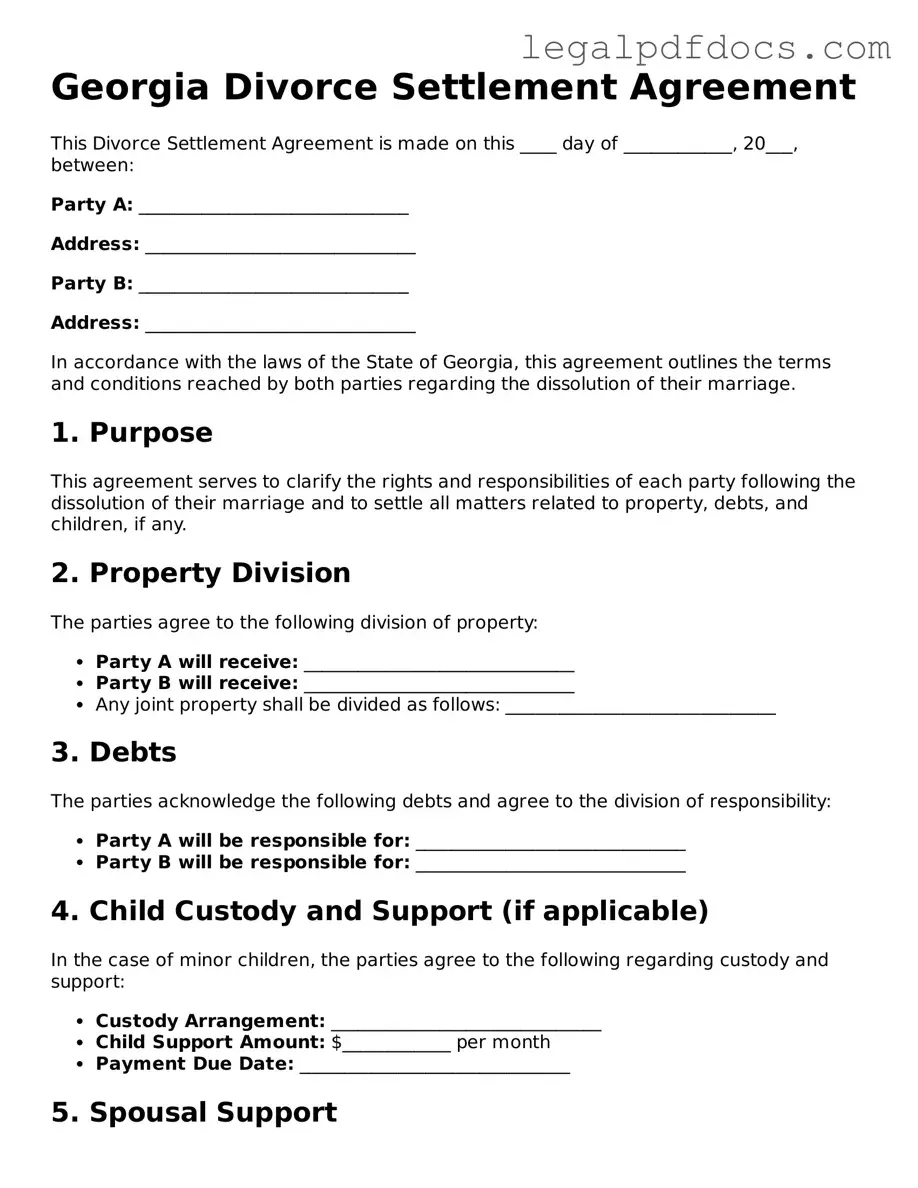 Official Divorce Settlement Agreement Form for Georgia