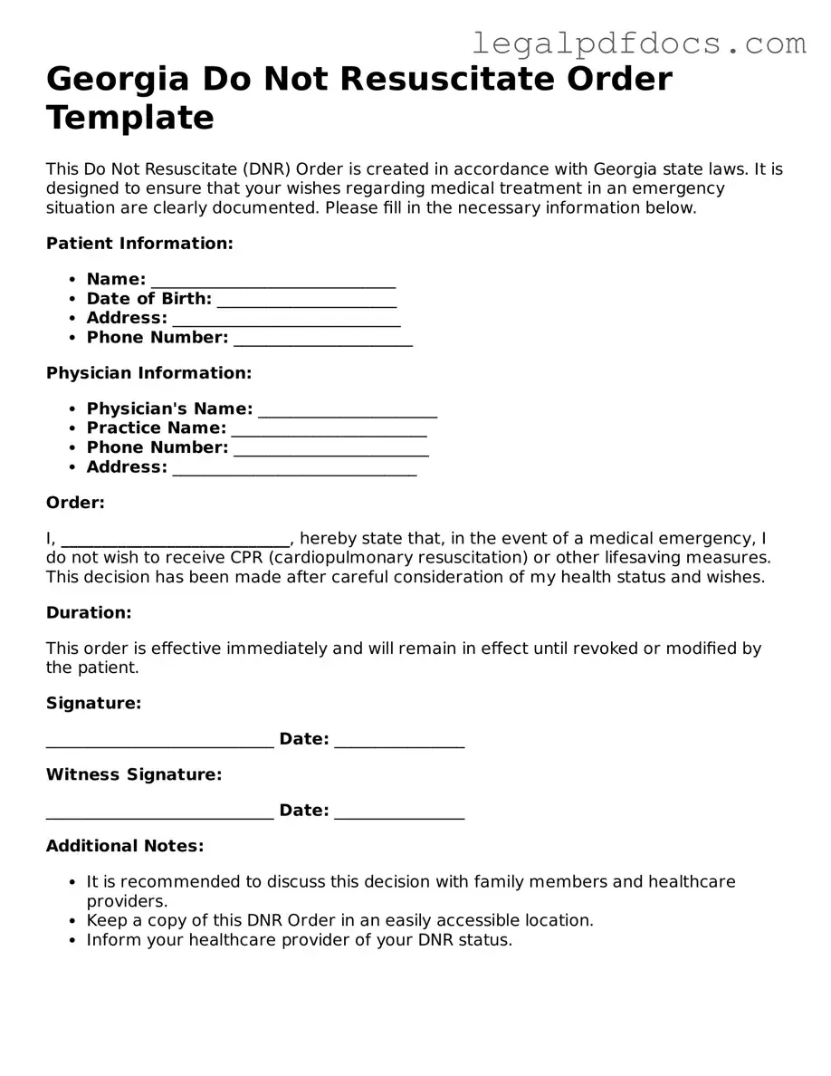 Official Do Not Resuscitate Order Form for Georgia