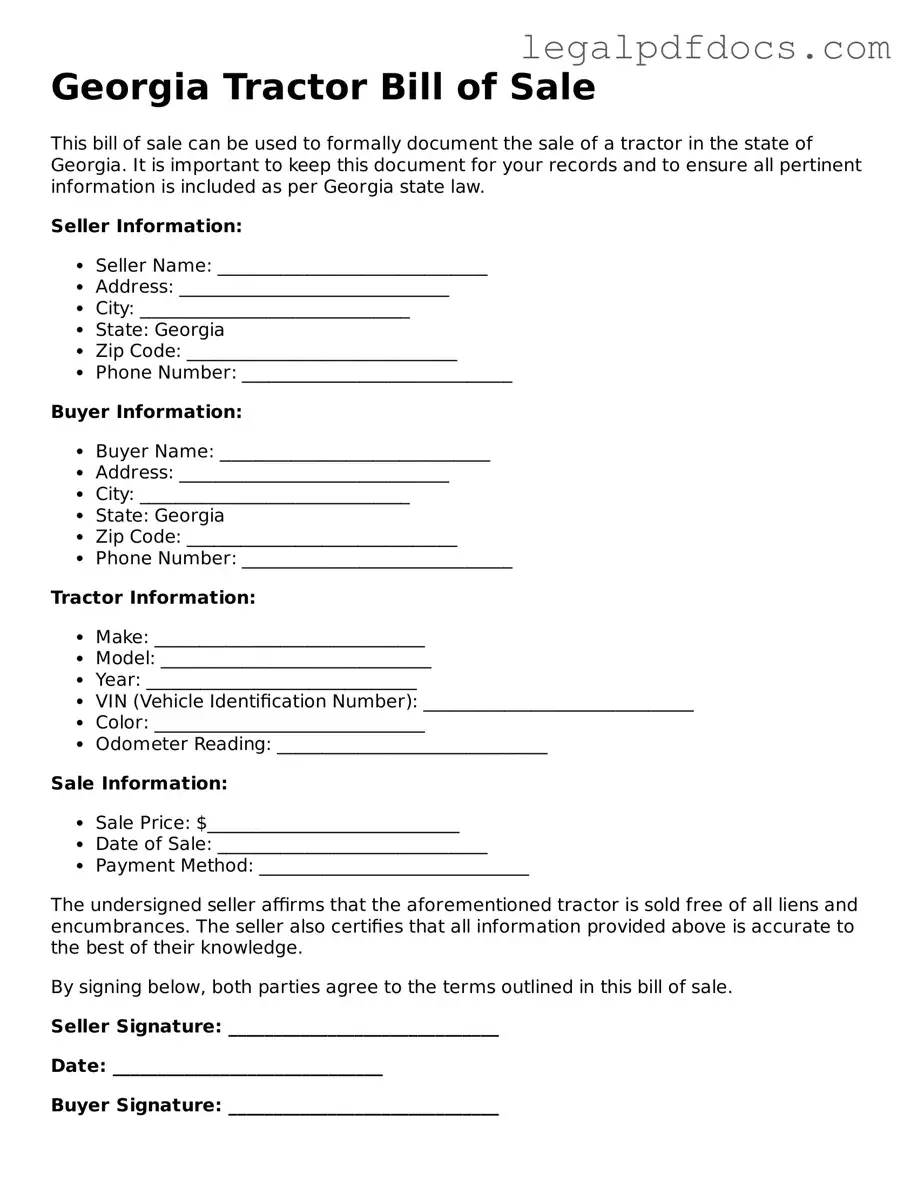 Official  Tractor Bill of Sale Form for Georgia