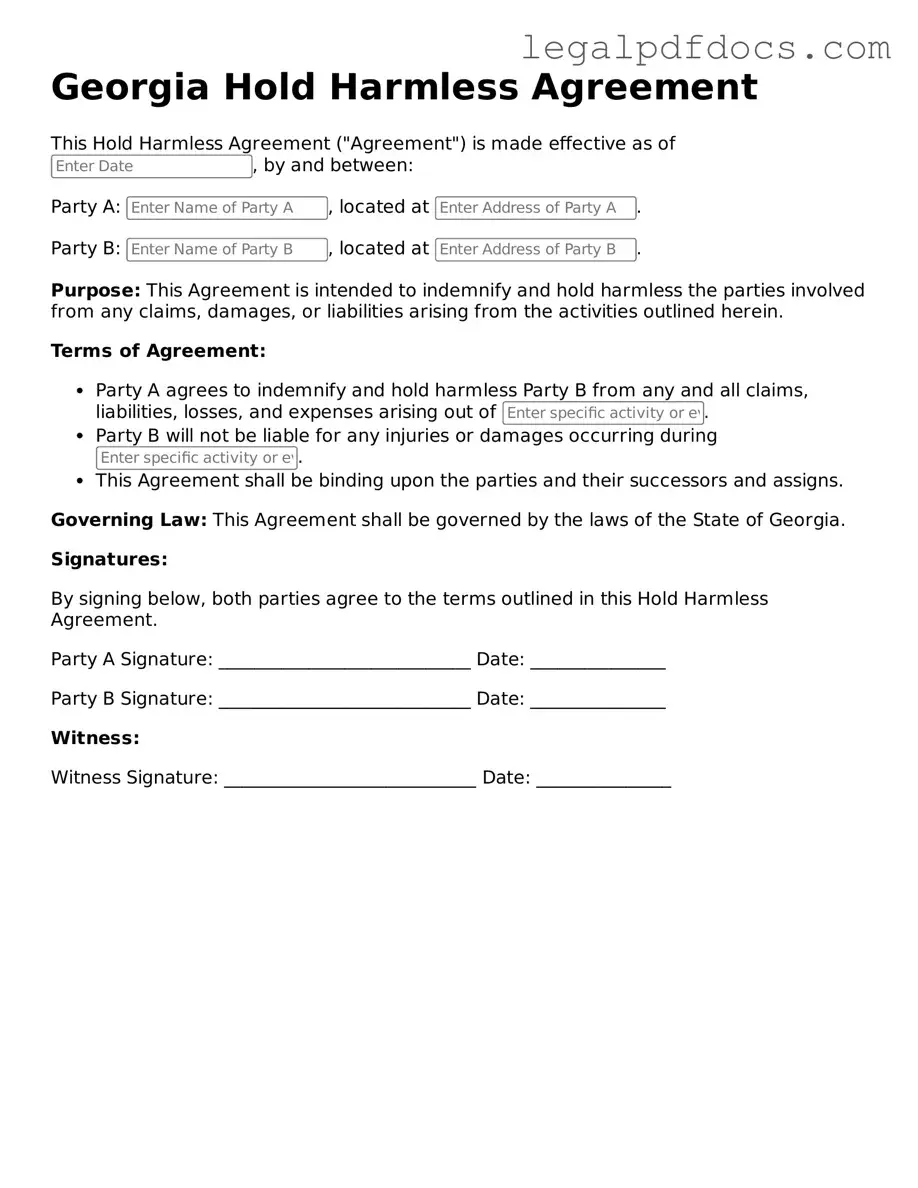 Official  Hold Harmless Agreement Form for Georgia