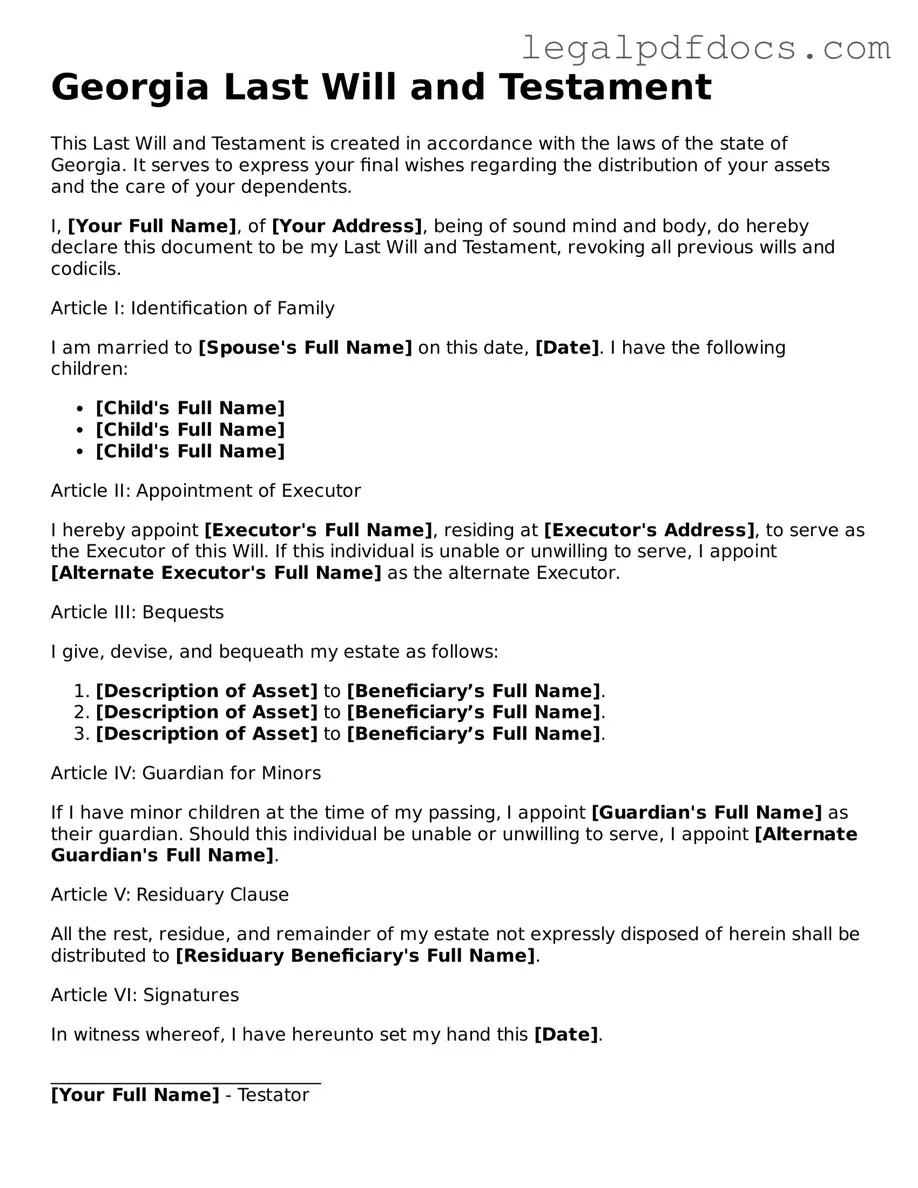Official  Last Will and Testament Form for Georgia