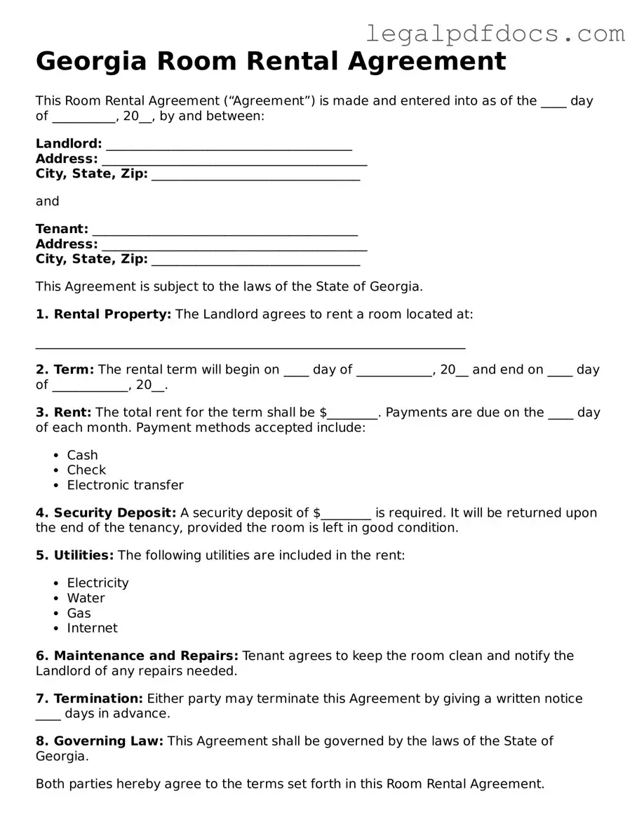 Official  Room Rental Agreement Form for Georgia