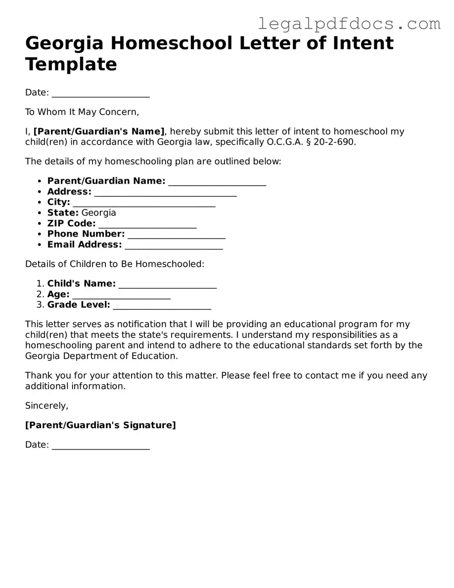 Official Homeschool Letter of Intent Form for Georgia