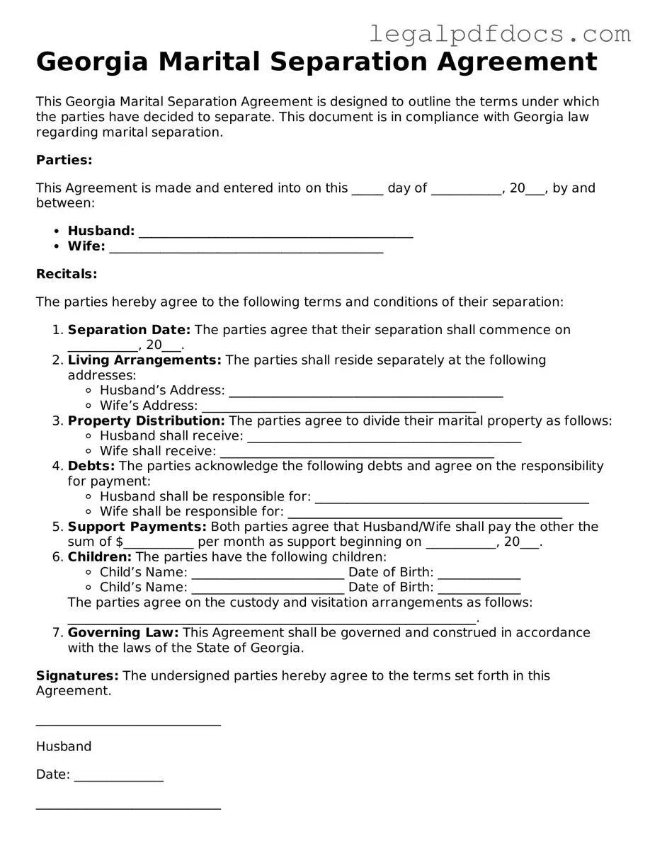 Official  Marital Separation Agreement Form for Georgia