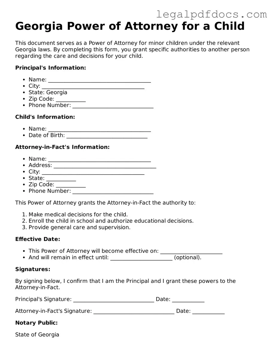 Official Power of Attorney for a Child Form for Georgia