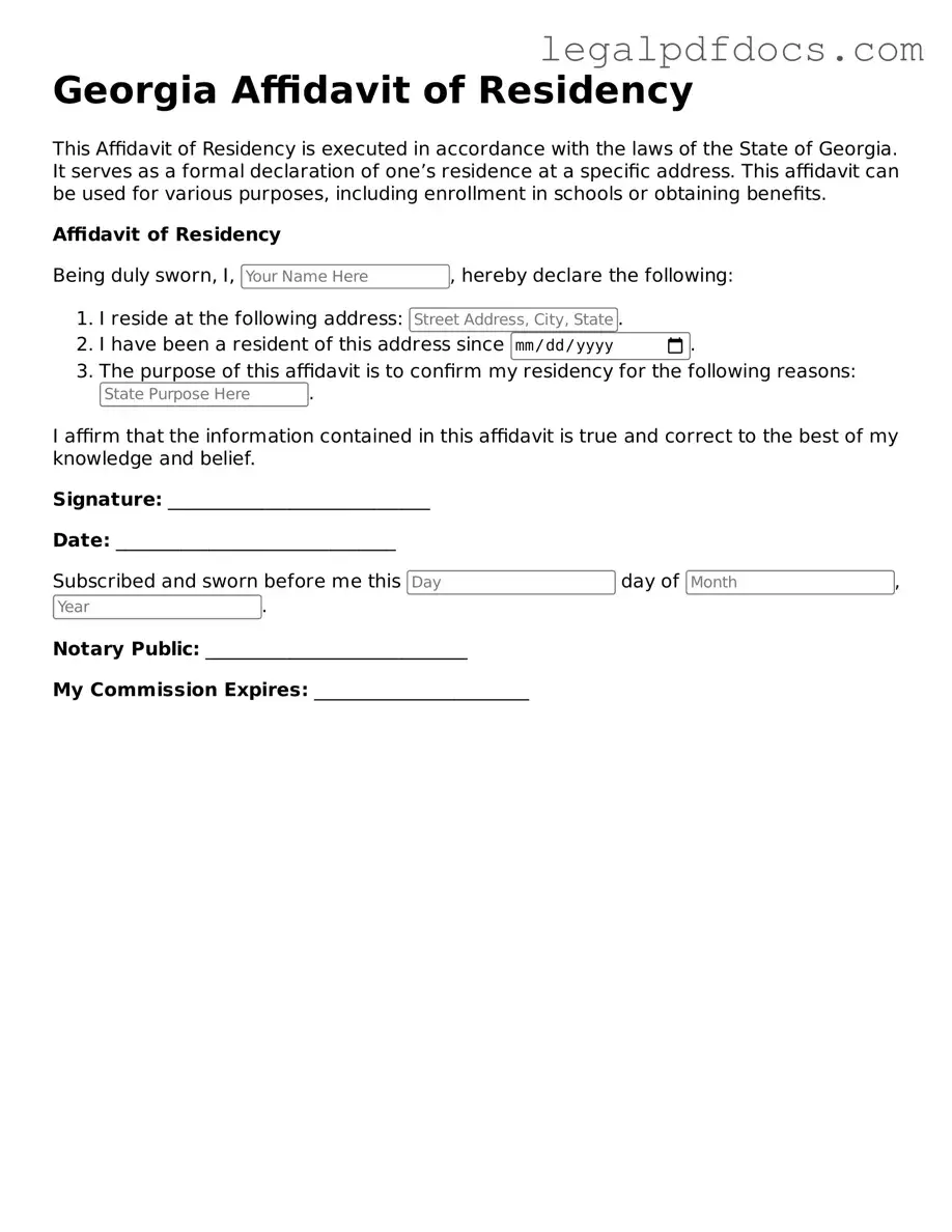 Official Affidavit of Residency Form for Georgia