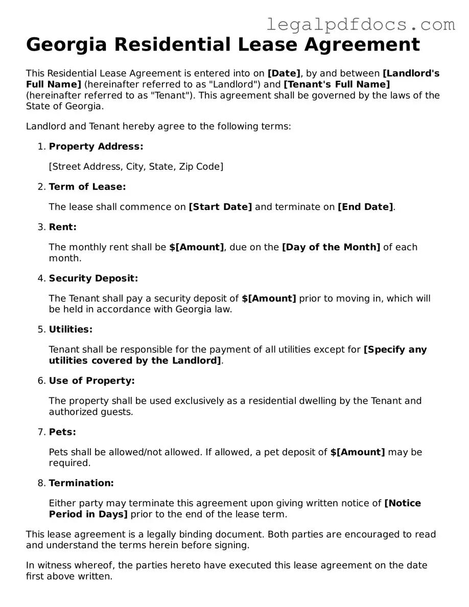 Official  Residential Lease Agreement Form for Georgia