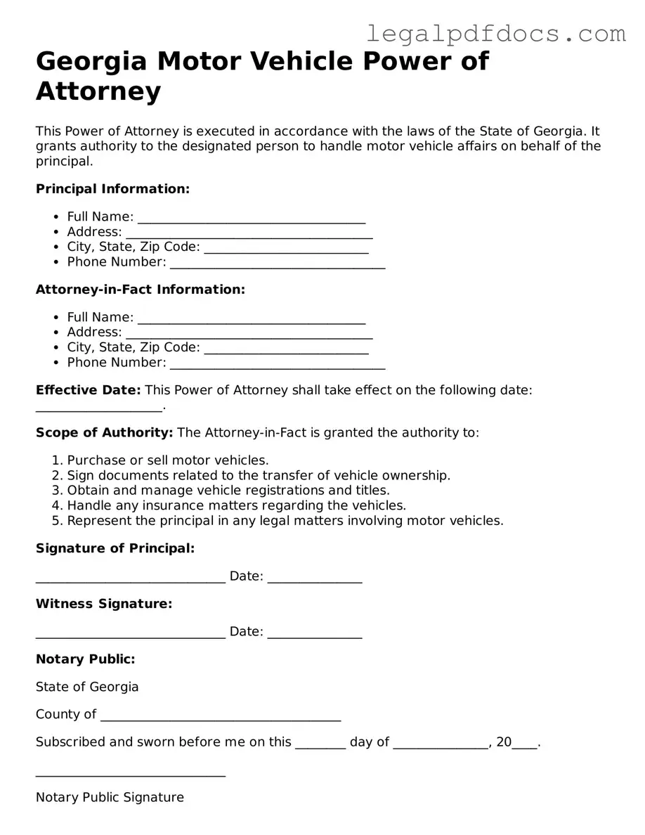 Official Motor Vehicle Power of Attorney Form for Georgia