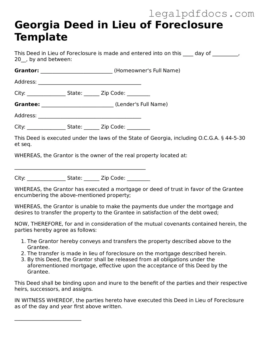 Official  Deed in Lieu of Foreclosure Form for Georgia
