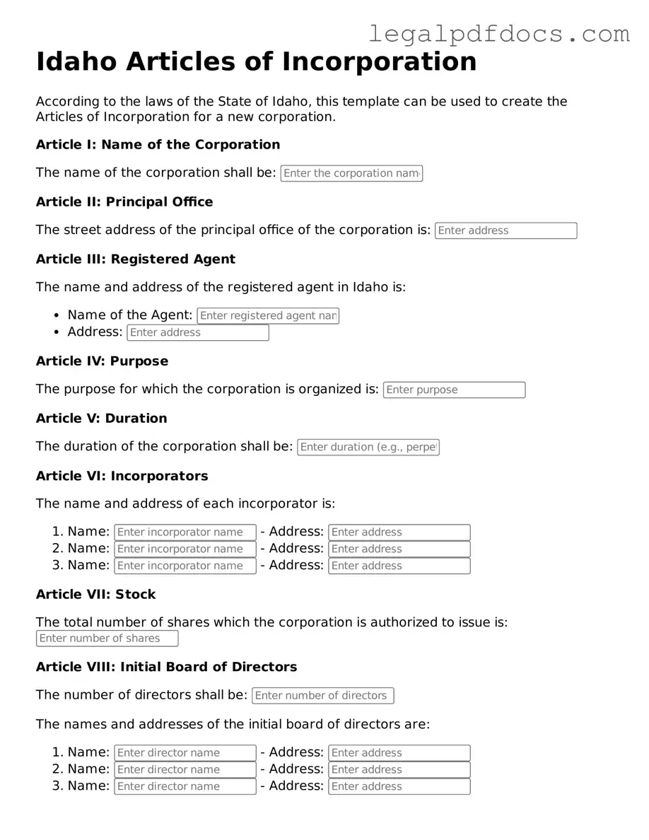 Official  Articles of Incorporation Form for Idaho