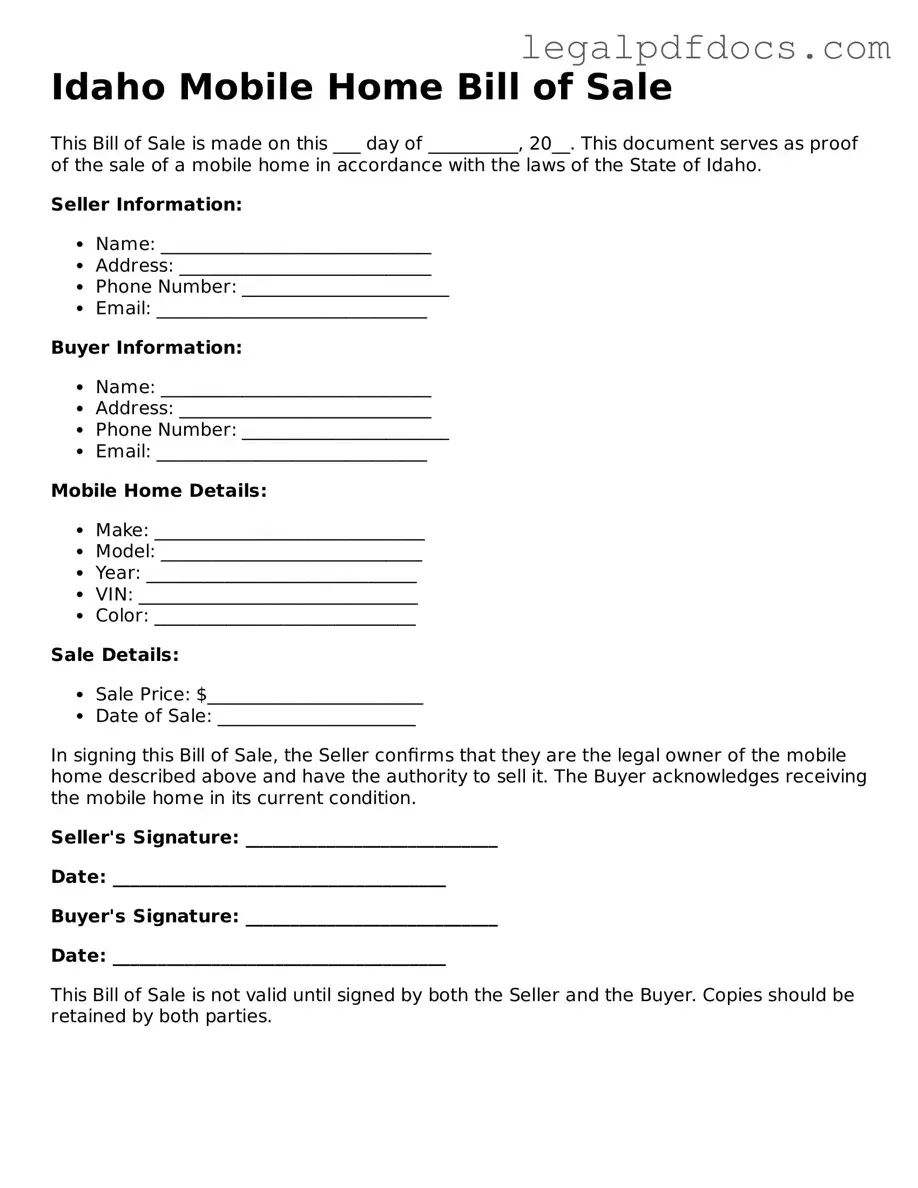 Official Mobile Home Bill of Sale Form for Idaho