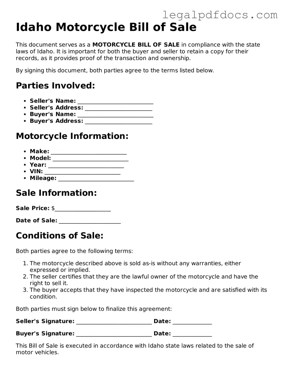 Official Motorcycle Bill of Sale Form for Idaho