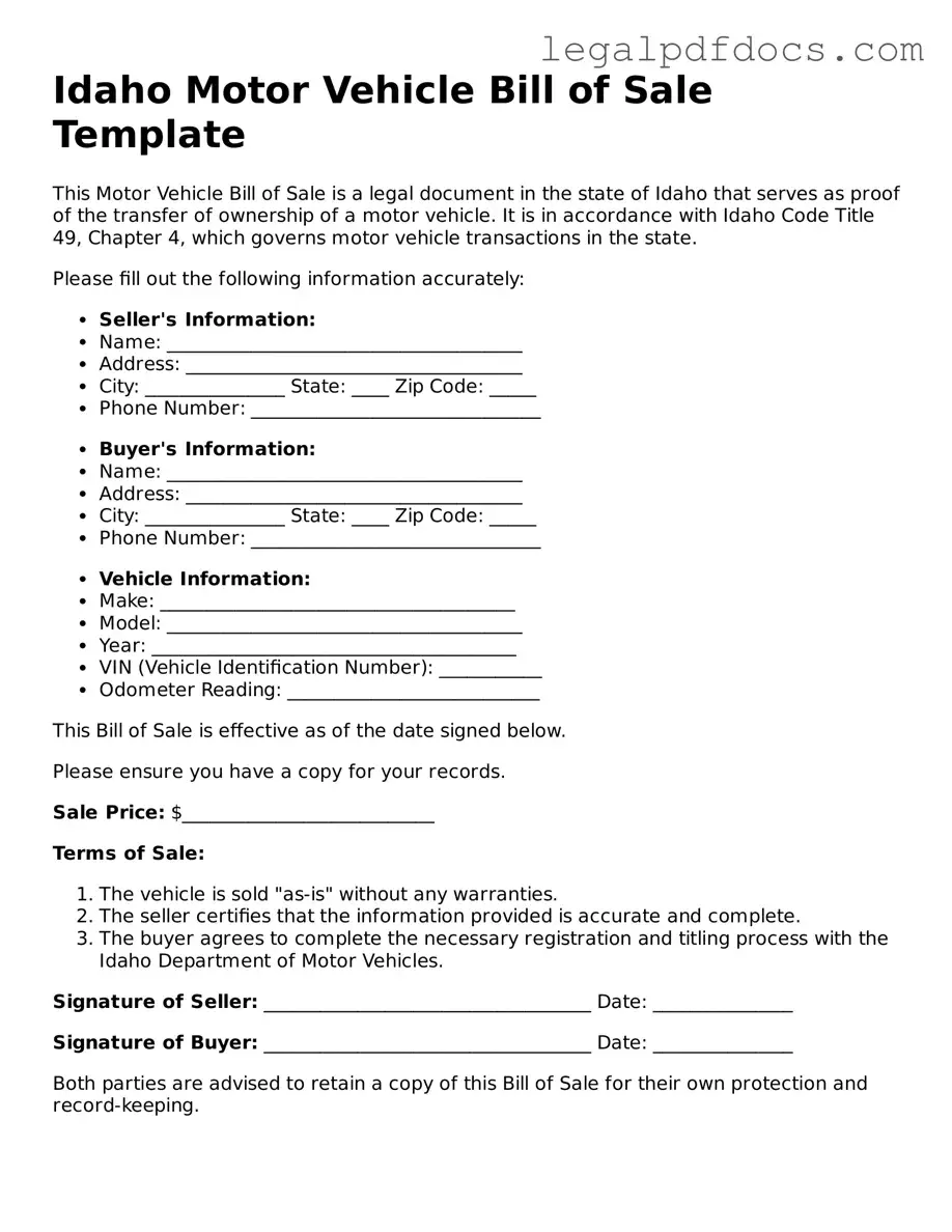 Official Motor Vehicle Bill of Sale Form for Idaho