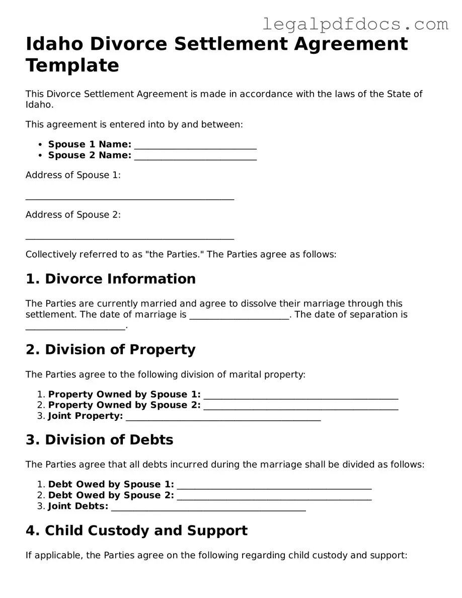 Official Divorce Settlement Agreement Form for Idaho