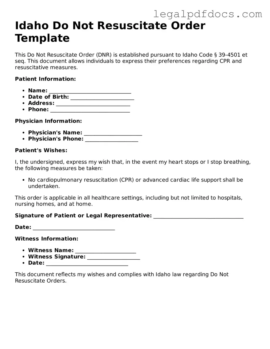Official Do Not Resuscitate Order Form for Idaho