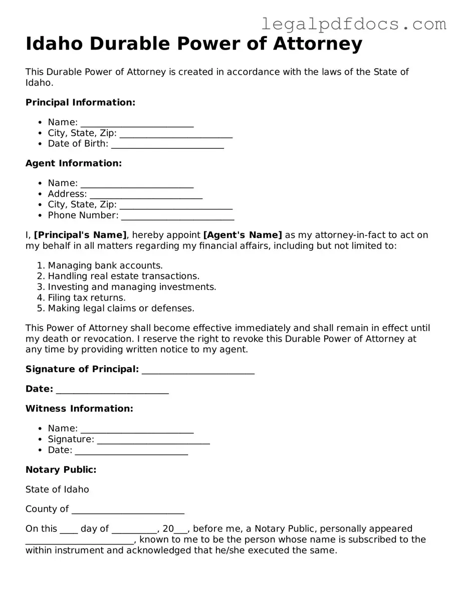 Official  Durable Power of Attorney Form for Idaho