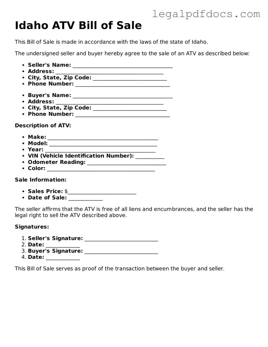 Official ATV Bill of Sale Form for Idaho