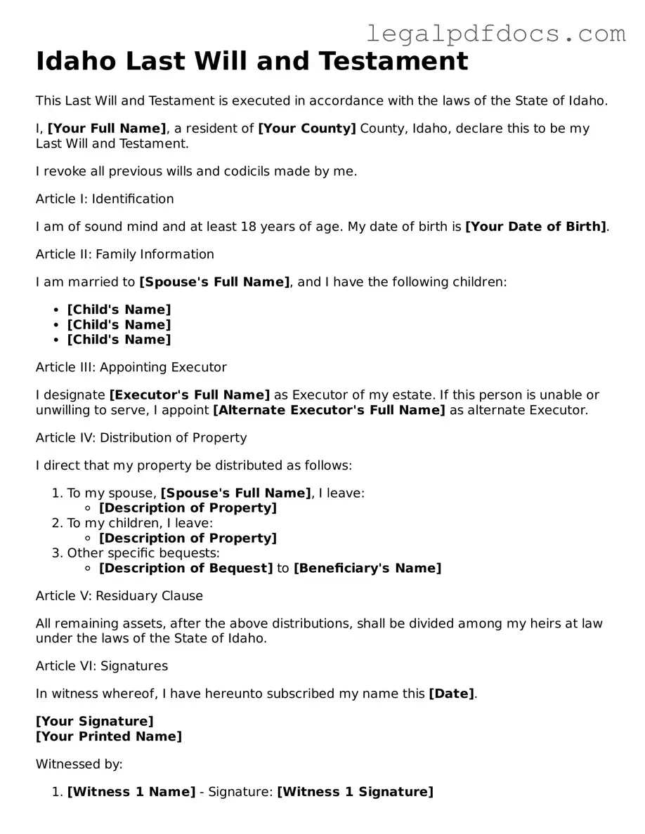 Official Last Will and Testament Form for Idaho