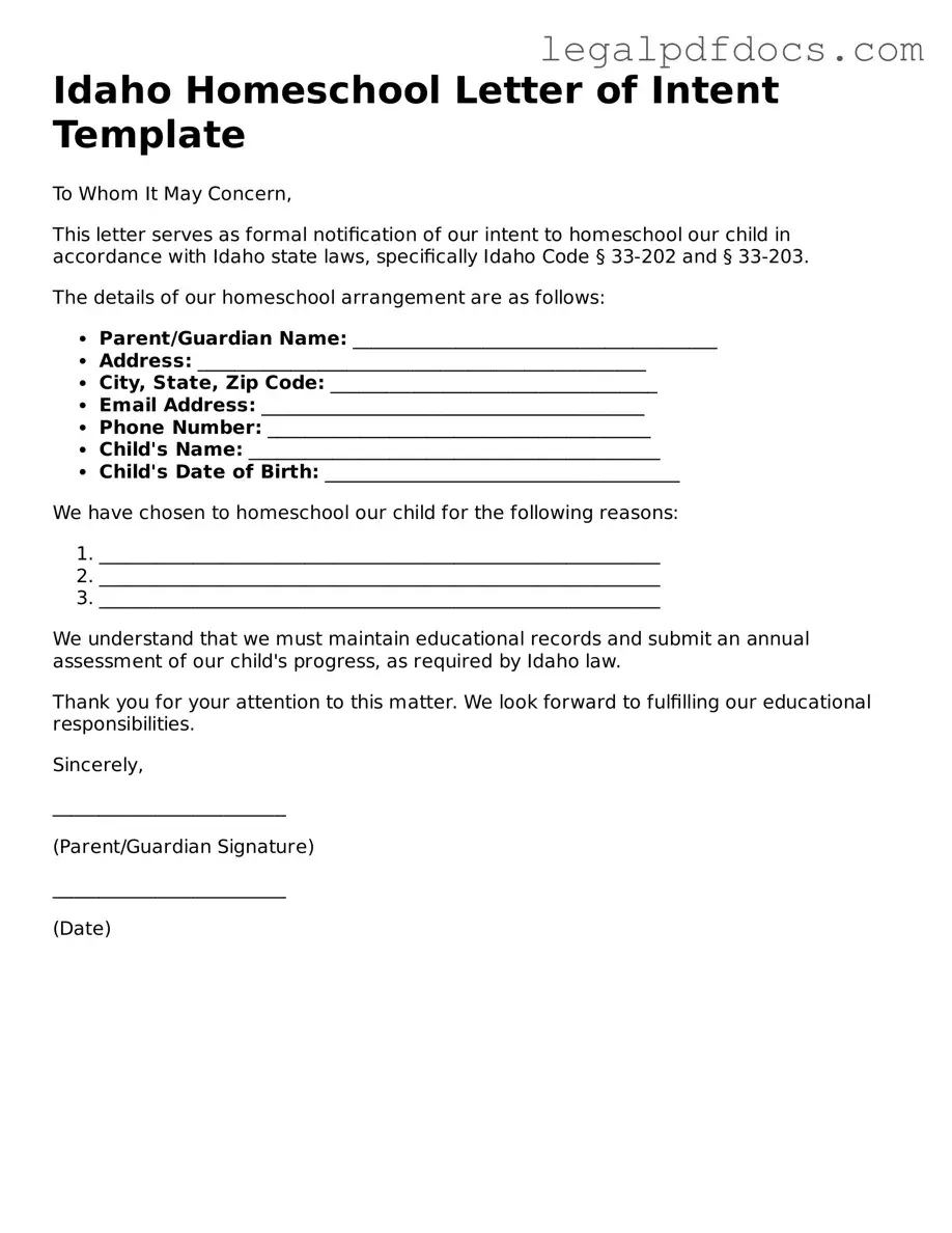 Official Homeschool Letter of Intent Form for Idaho