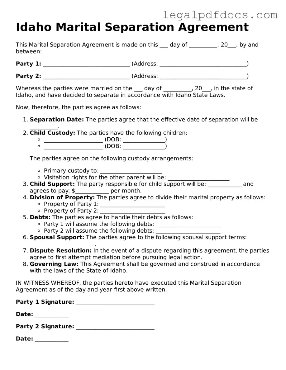Official Marital Separation Agreement Form for Idaho