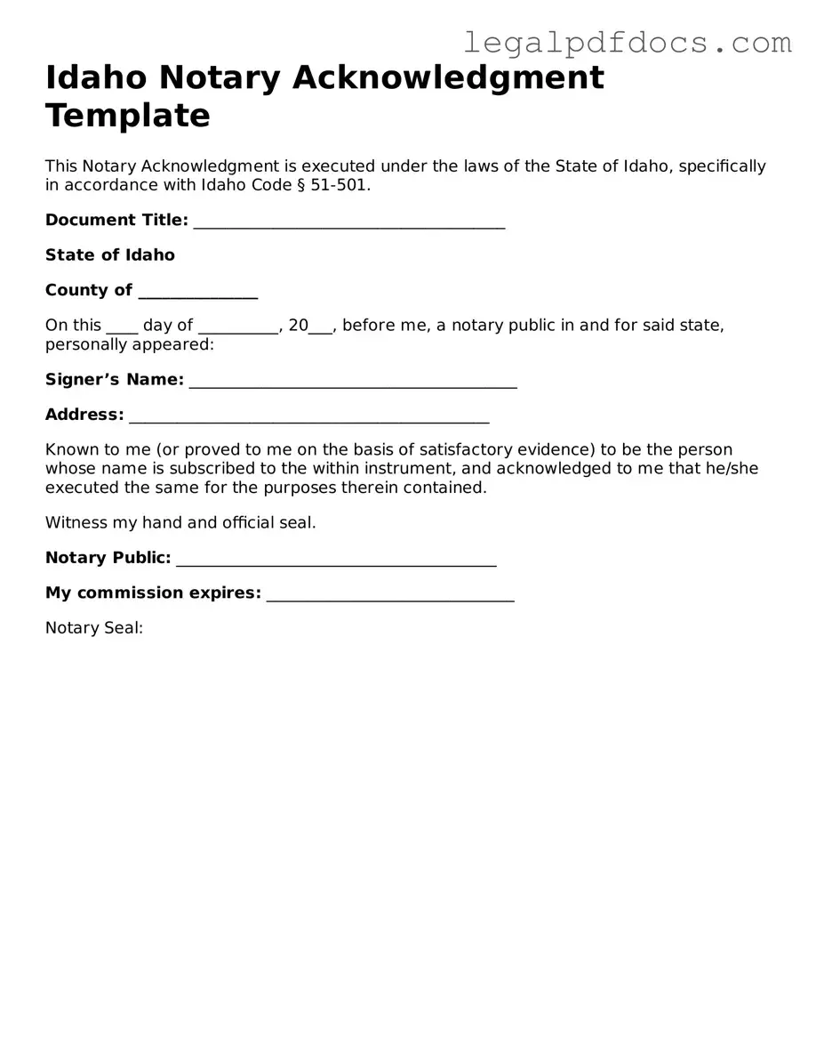 Official Notary Acknowledgement Form for Idaho