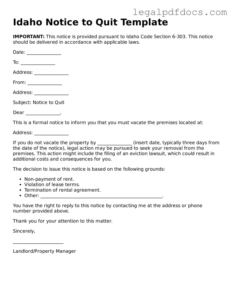 Official Notice to Quit Form for Idaho