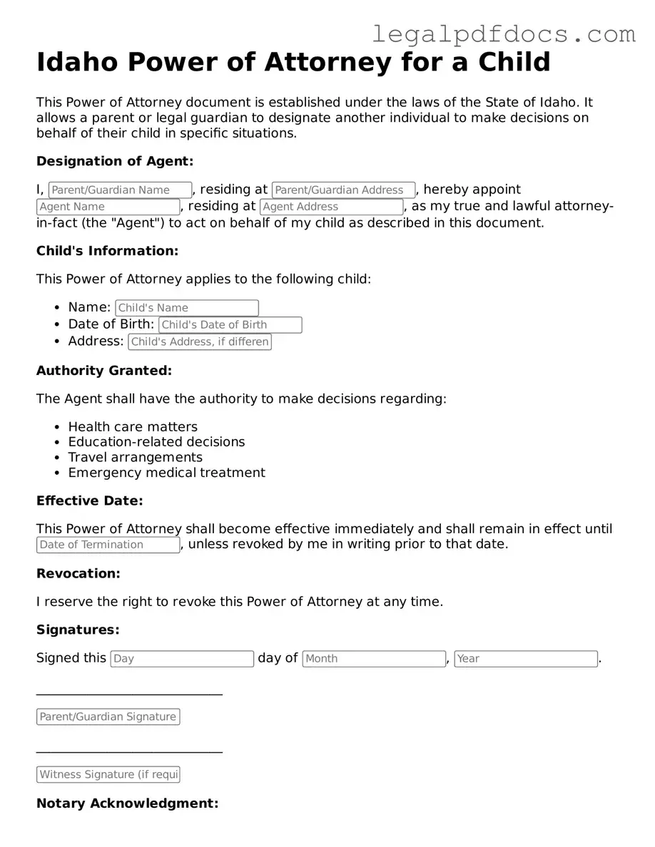 Official Power of Attorney for a Child Form for Idaho