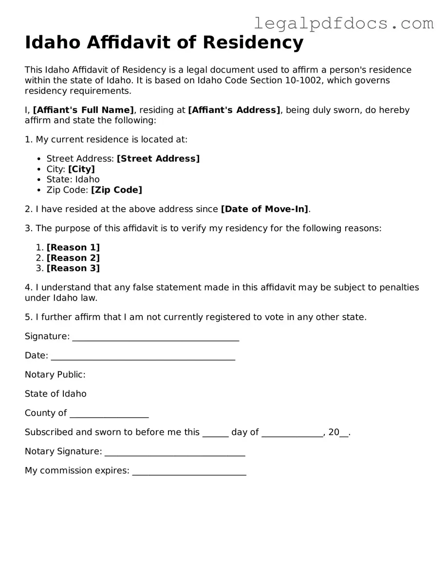Official Affidavit of Residency Form for Idaho