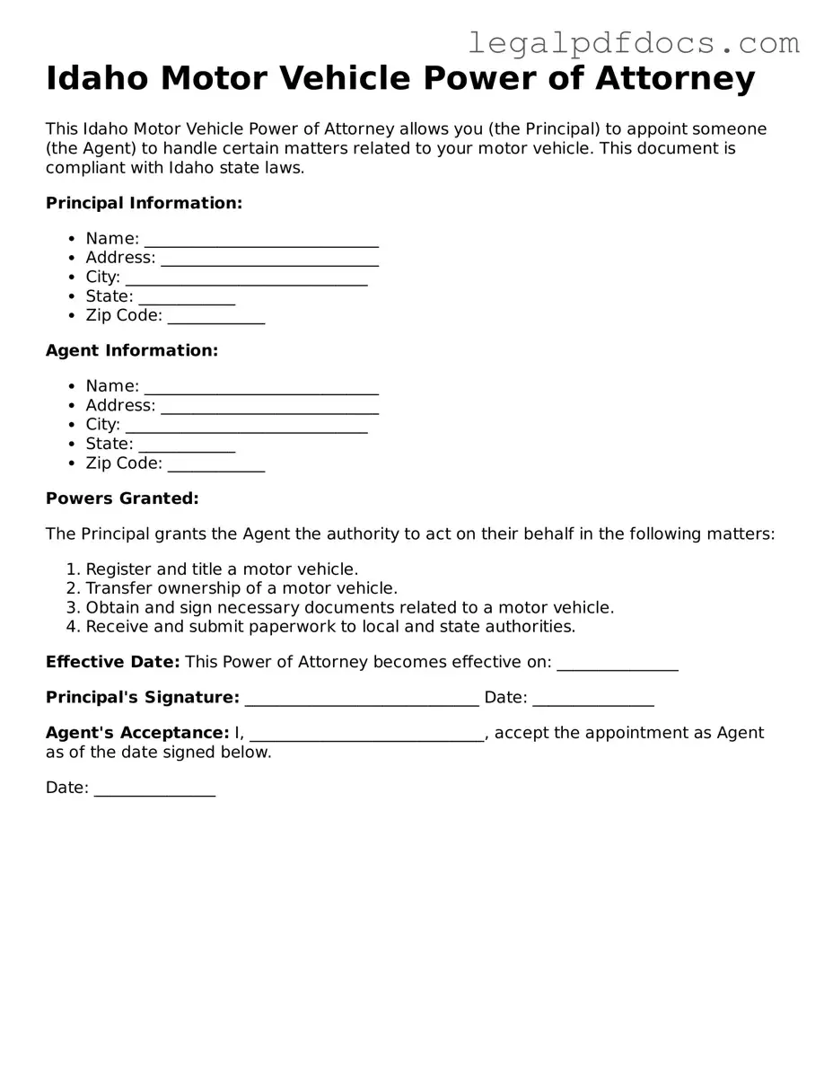 Official  Motor Vehicle Power of Attorney Form for Idaho
