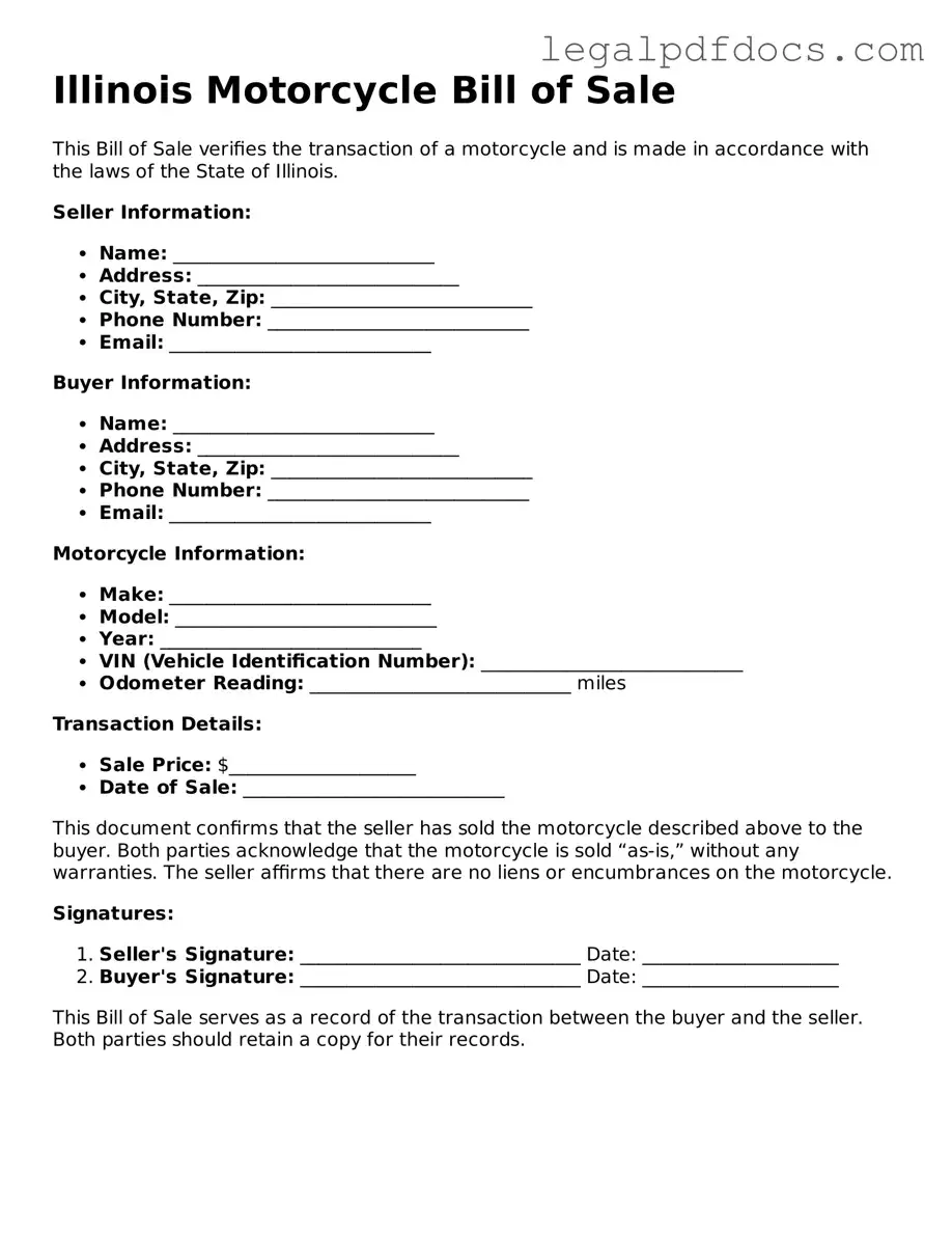Official Motorcycle Bill of Sale Form for Illinois