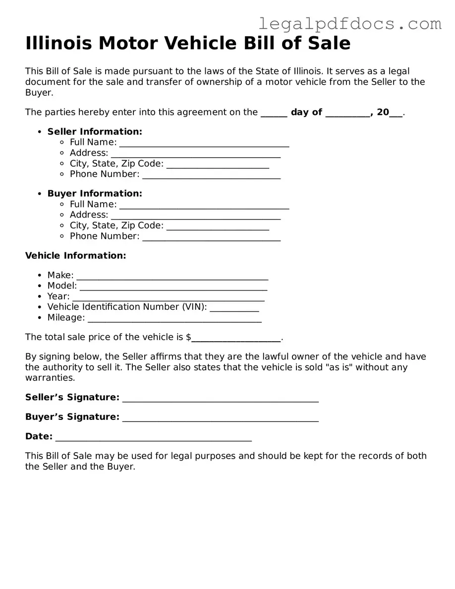 Official Motor Vehicle Bill of Sale Form for Illinois