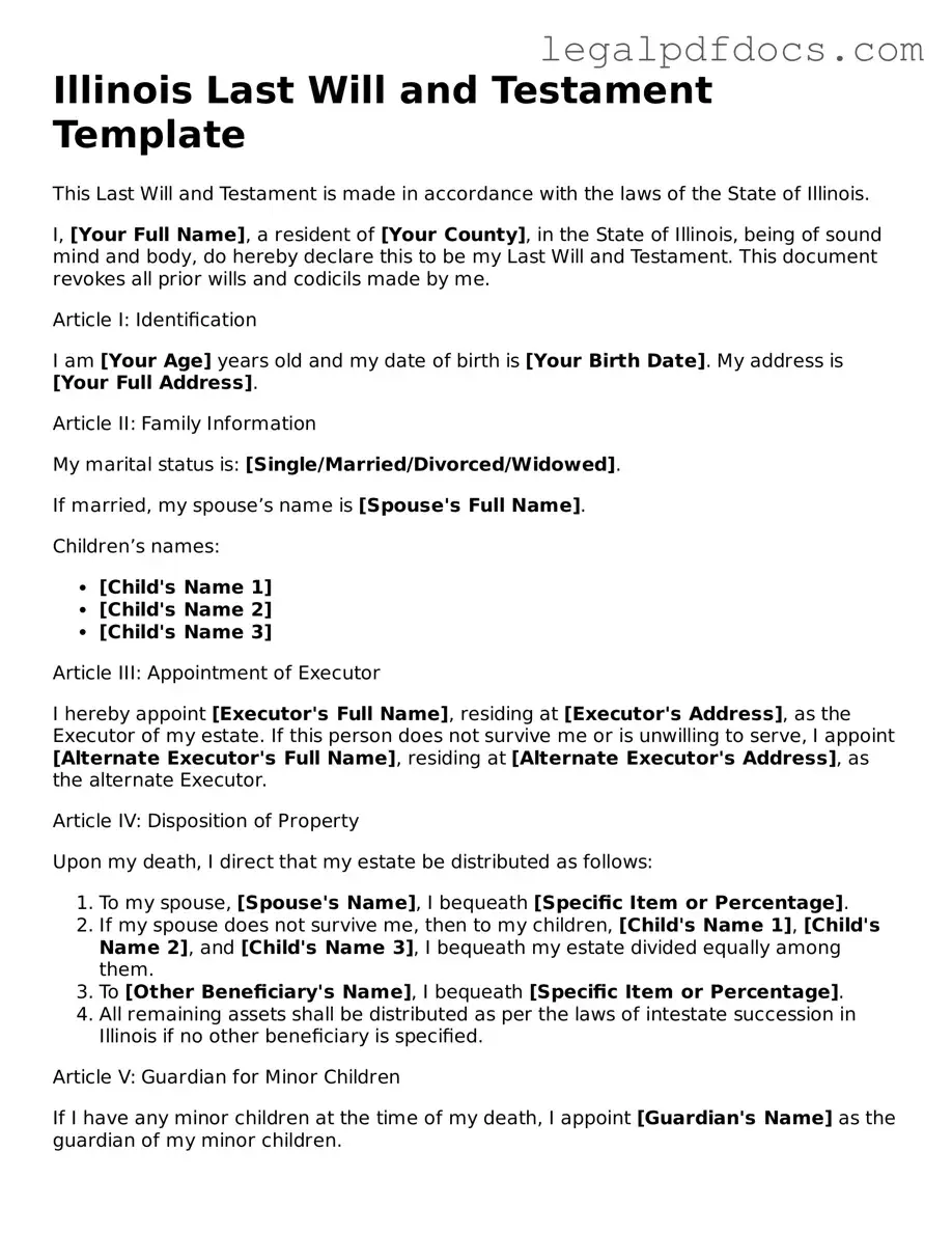 Official Last Will and Testament Form for Illinois
