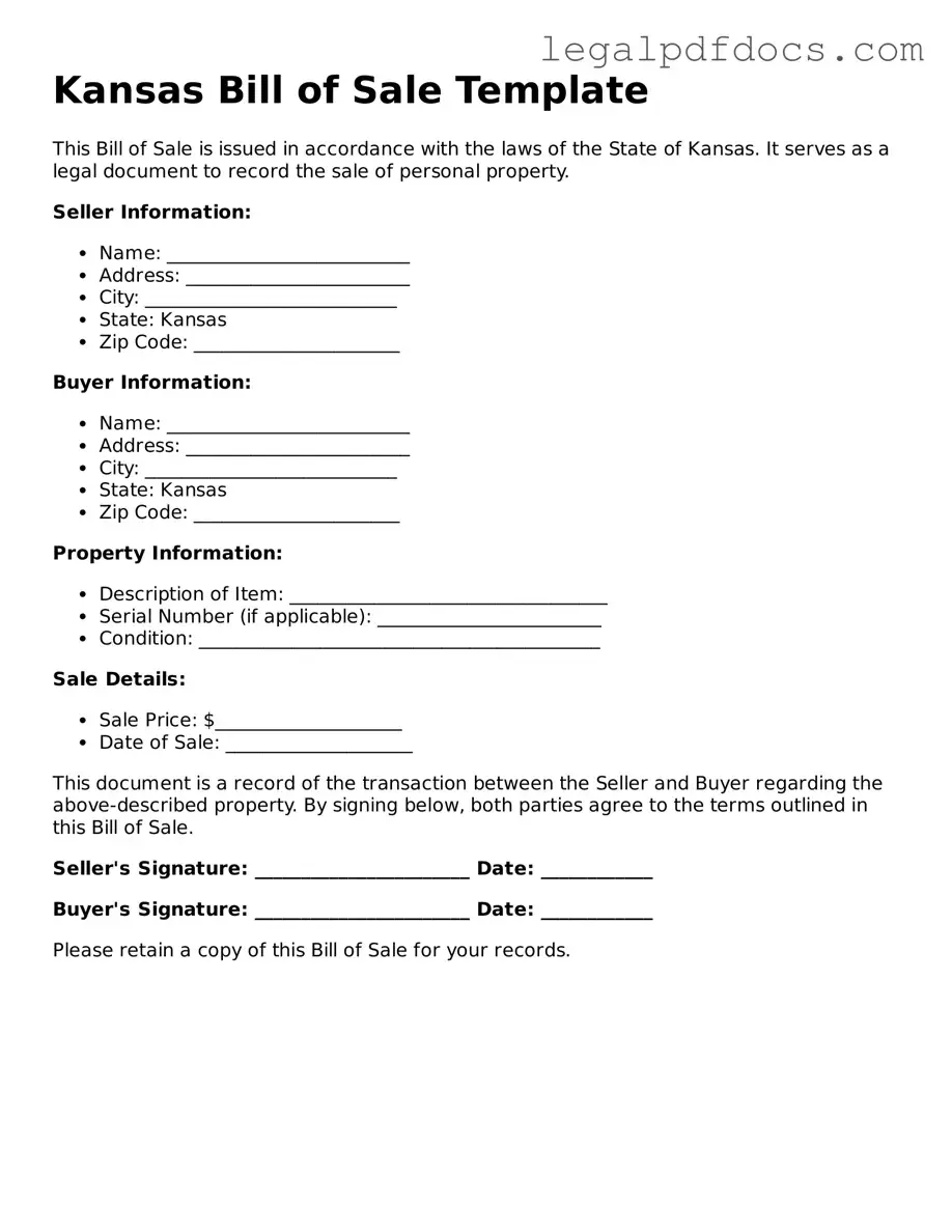 Official  Bill of Sale Form for Kansas