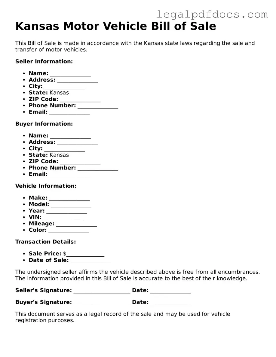 Official Motor Vehicle Bill of Sale Form for Kansas