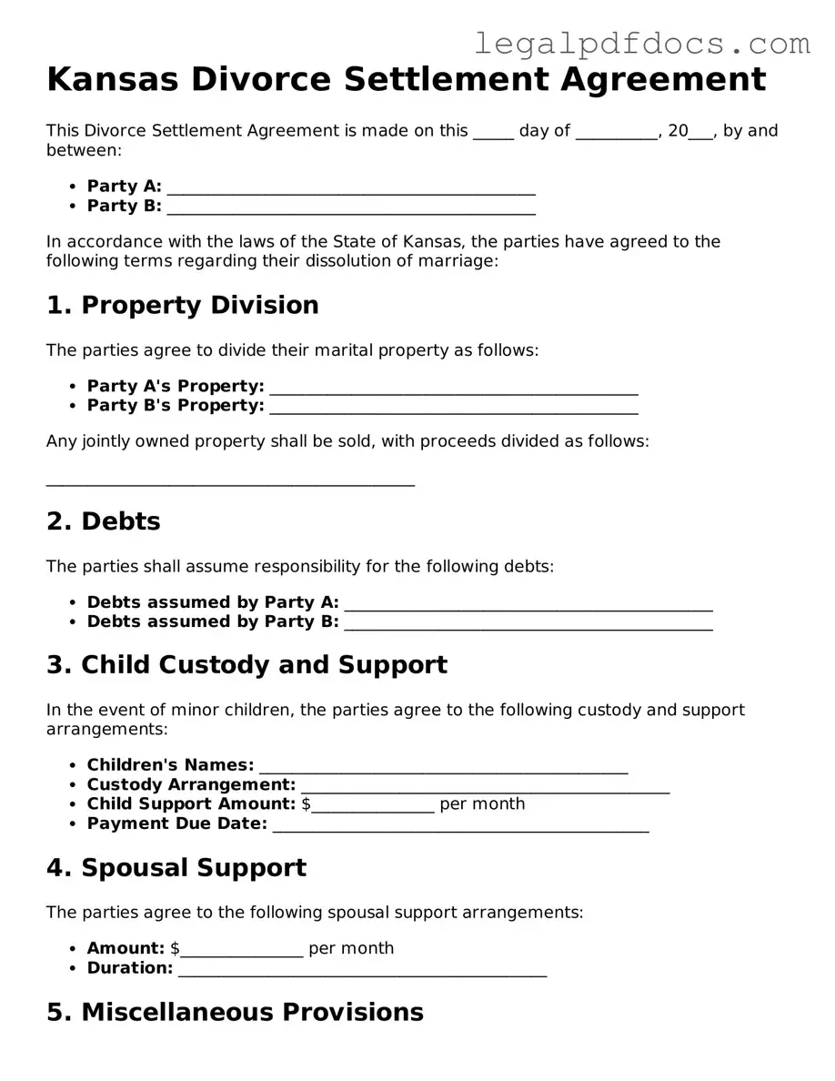 Official Divorce Settlement Agreement Form for Kansas