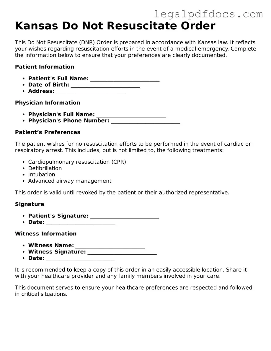 Official Do Not Resuscitate Order Form for Kansas