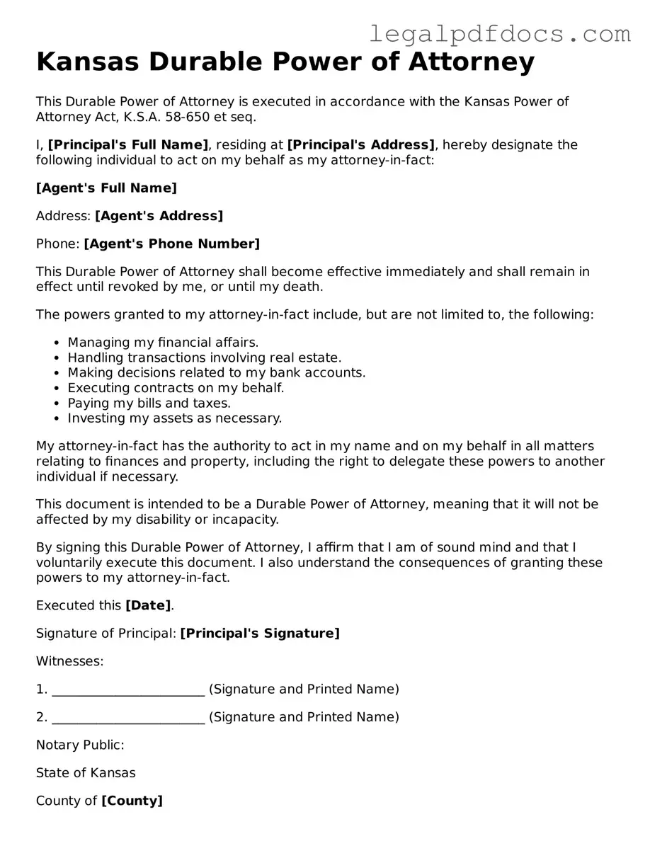 Official Durable Power of Attorney Form for Kansas