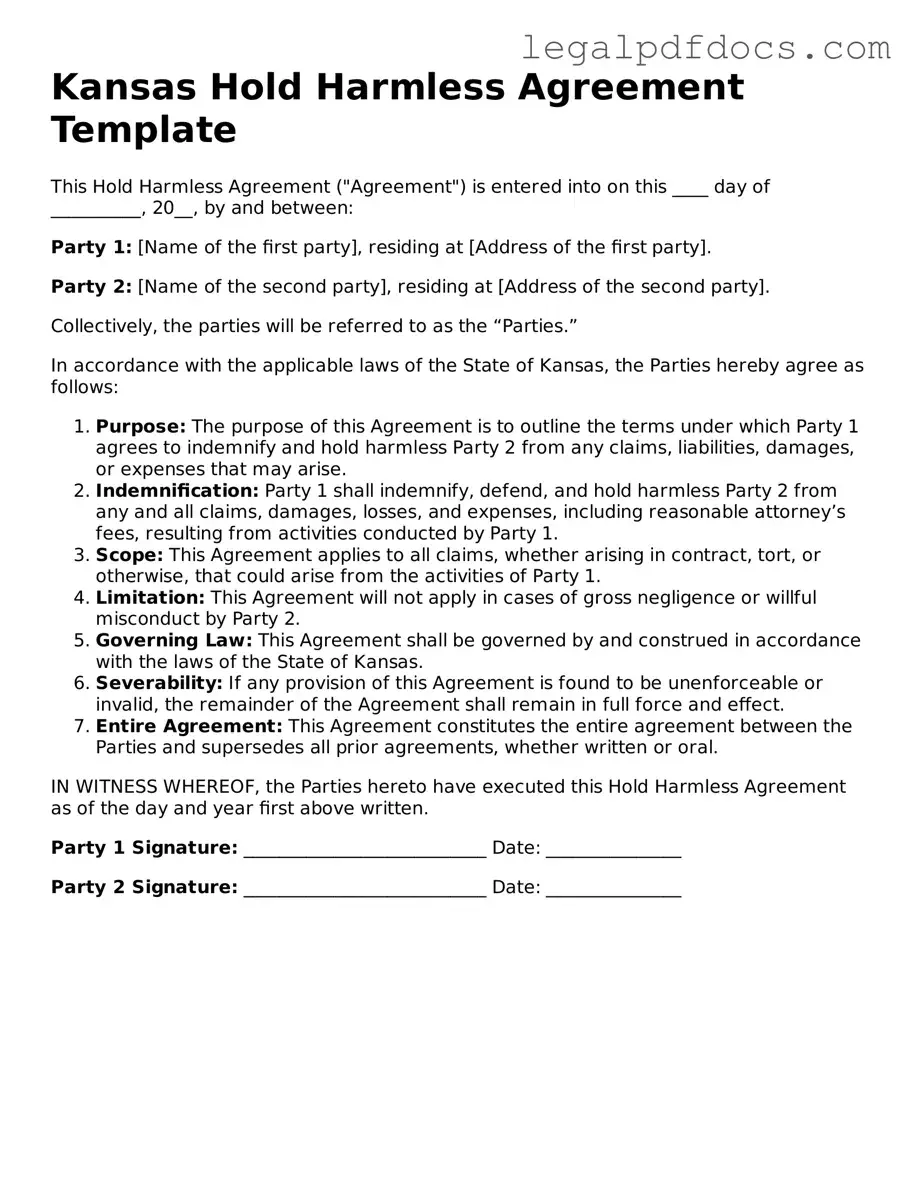Official Hold Harmless Agreement Form for Kansas