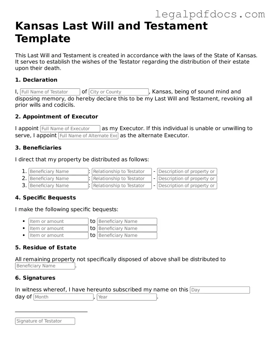 Official Last Will and Testament Form for Kansas