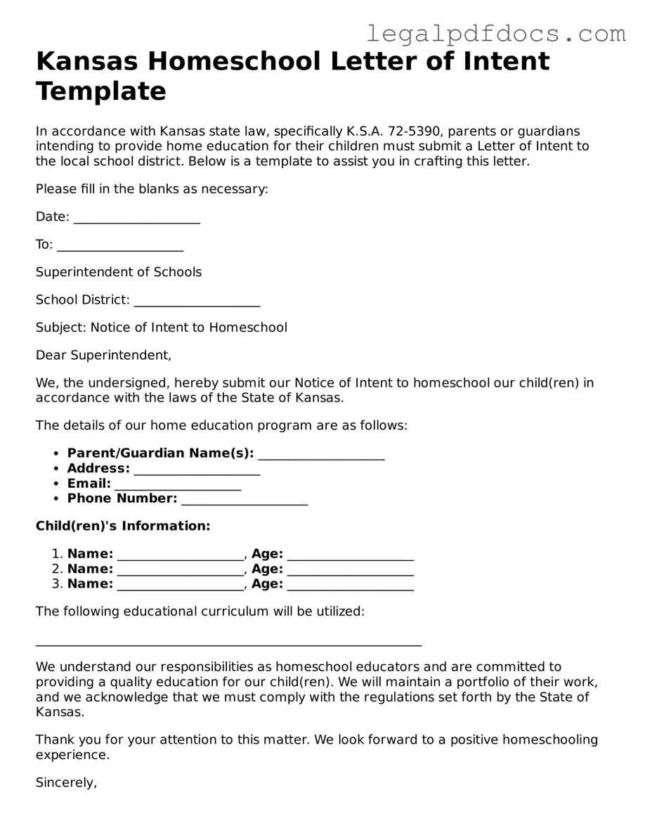 Official Homeschool Letter of Intent Form for Kansas