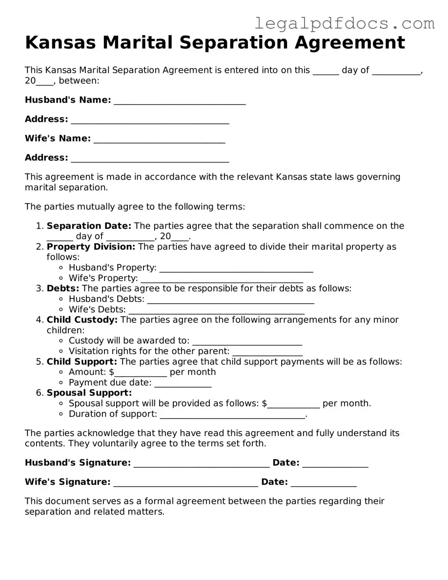 Official Marital Separation Agreement Form for Kansas