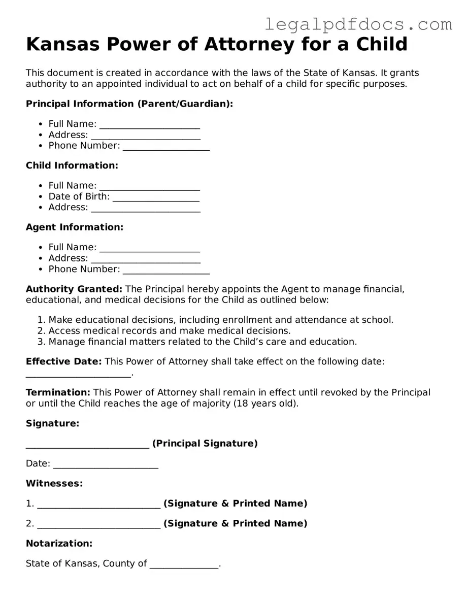 Official  Power of Attorney for a Child Form for Kansas