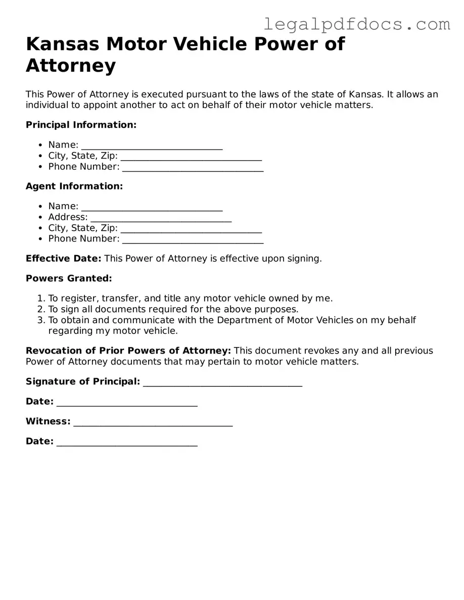 Official Motor Vehicle Power of Attorney Form for Kansas