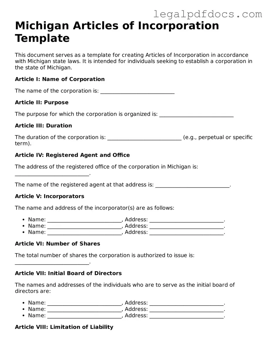 Official Articles of Incorporation Form for Michigan
