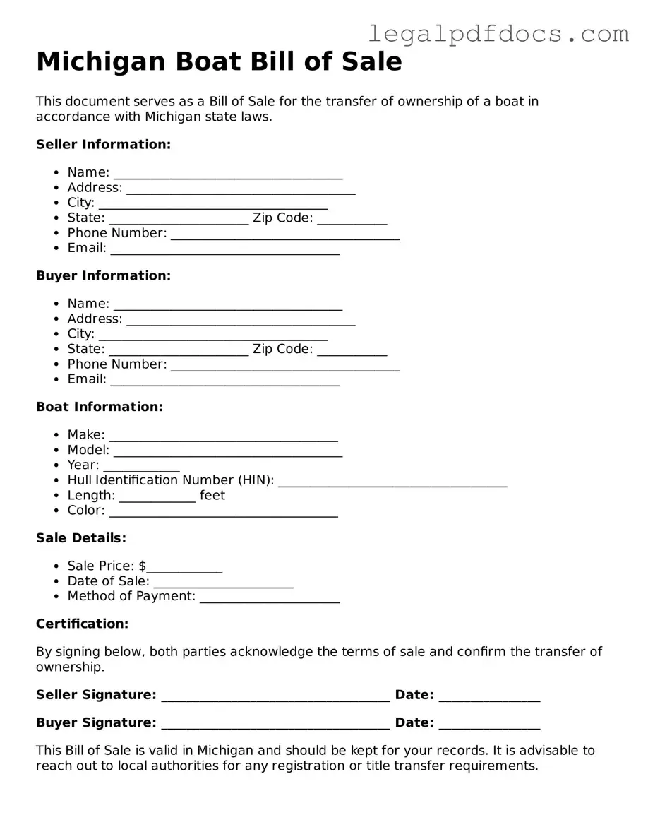 Official  Boat Bill of Sale Form for Michigan