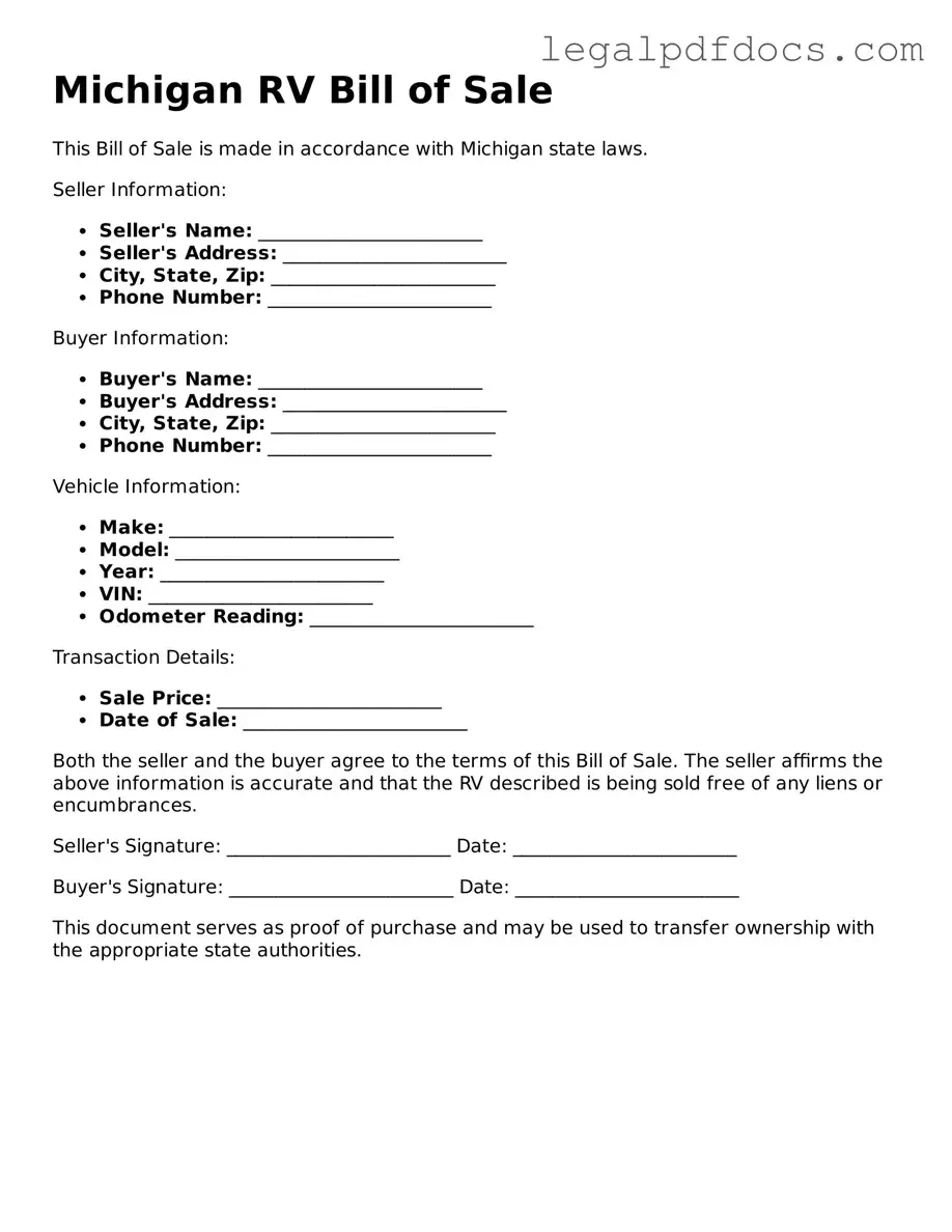 Official  RV Bill of Sale Form for Michigan