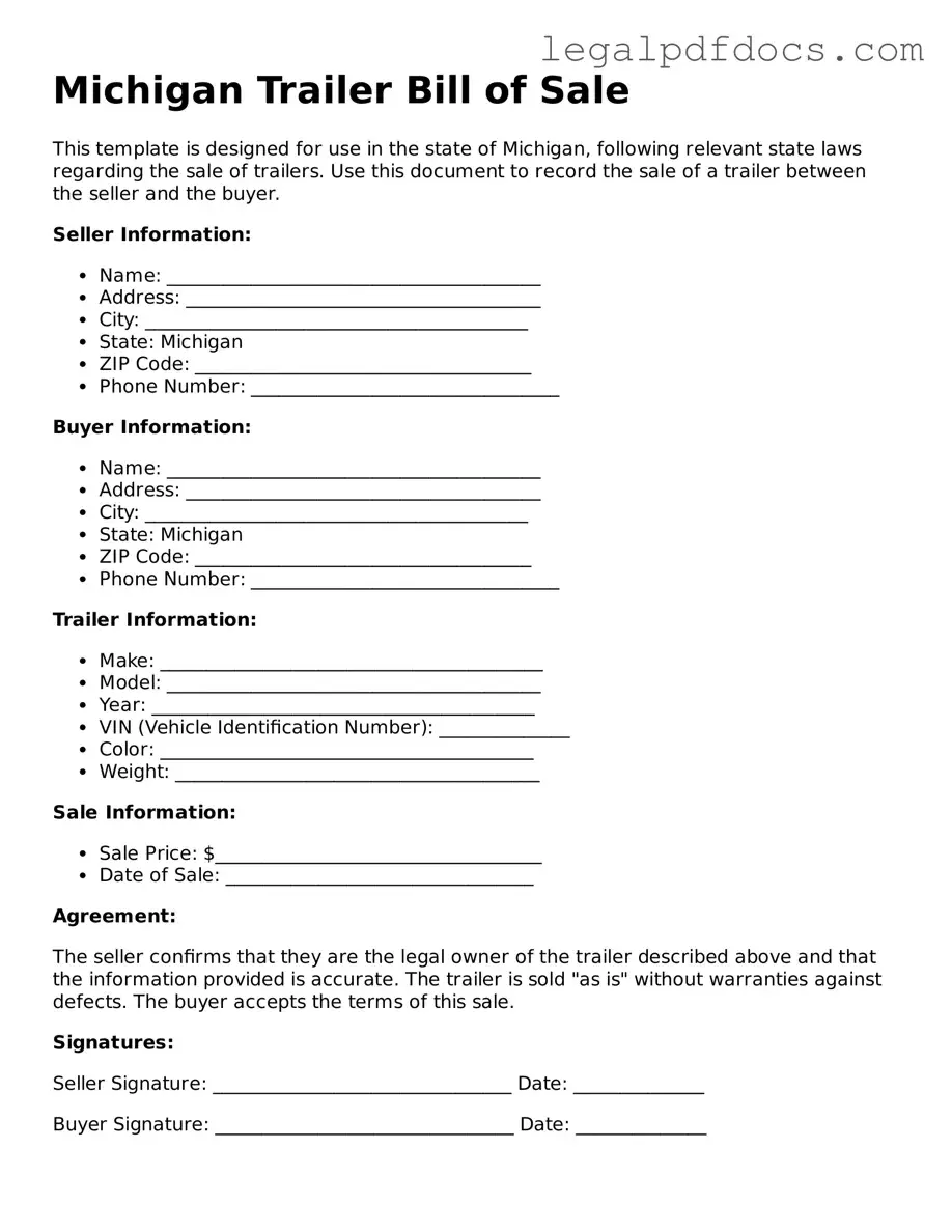 Official  Trailer Bill of Sale Form for Michigan